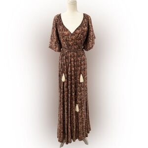 Earthbound Boho Paisley Maxi Dress Size L Tassel Tie Waist